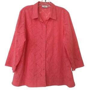 Studio Works XL Coral Button Up 3/4 Sleeve Sheer Leaf Pattern Top